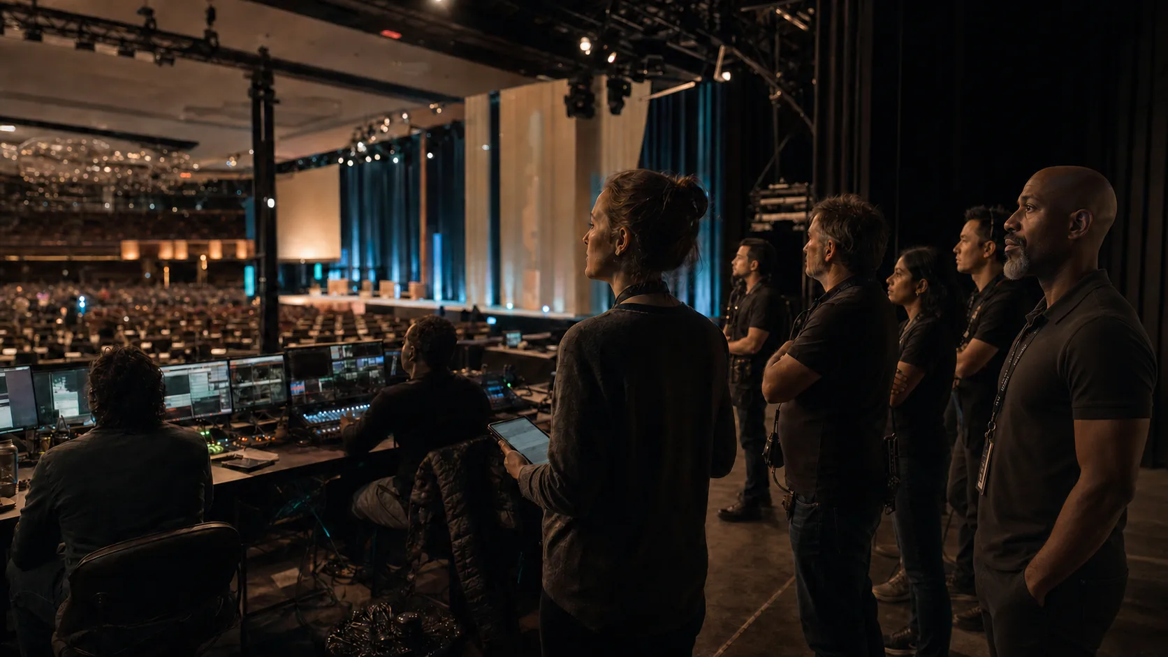 A multicultural production team, including FOVEKI founder Michael Houlder, working together beside a live stage