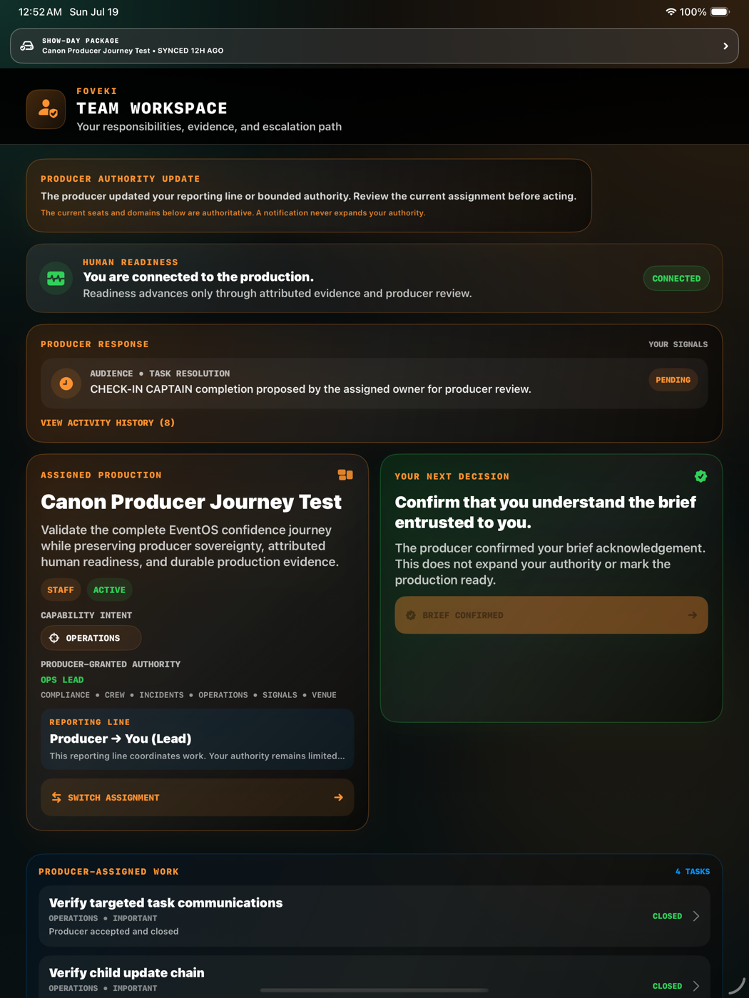 FOVEKI Team Workspace showing human readiness, producer authority, reporting line, a pending signal and assigned work
